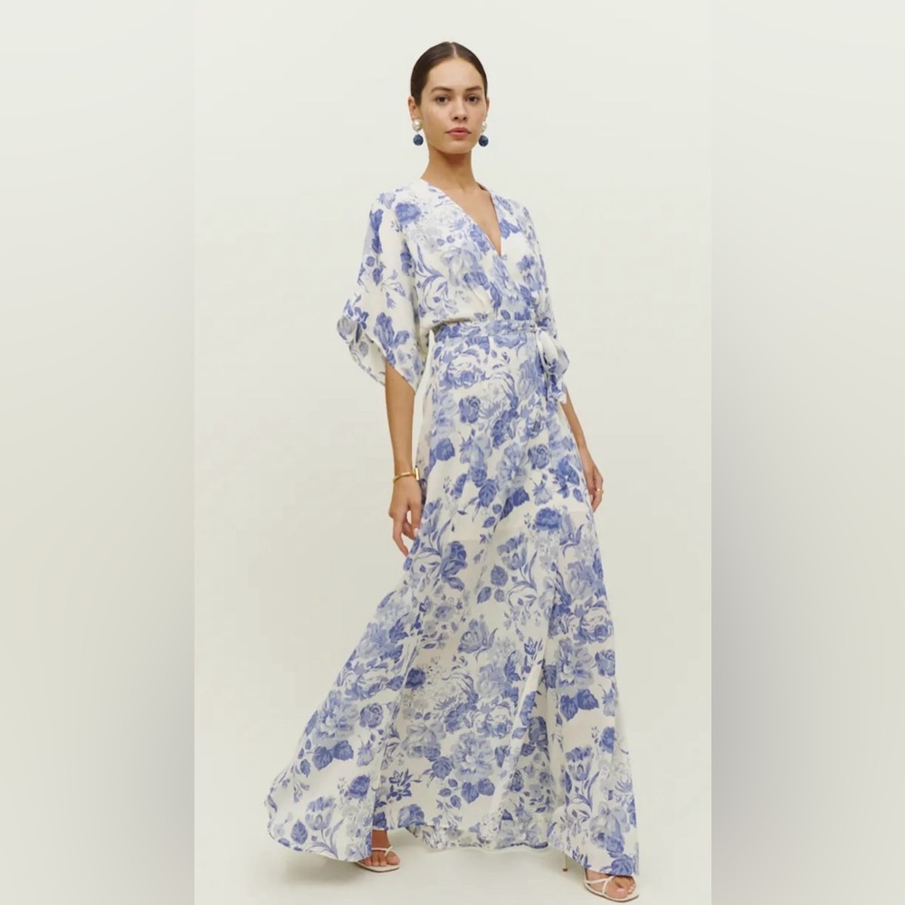 Reformation White Maxi Dress with Blue Floral Print